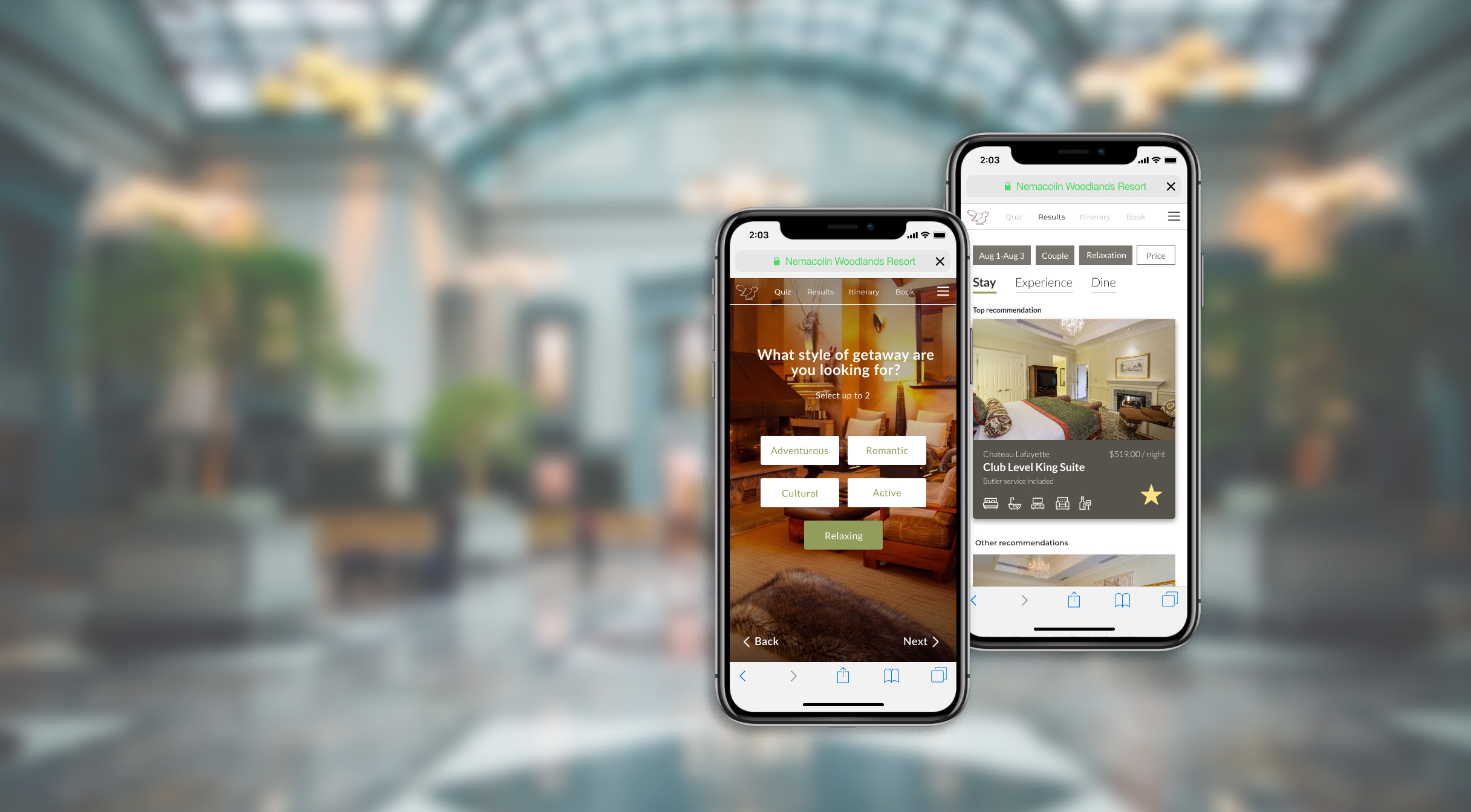 Nemacolin resort trip planner screens